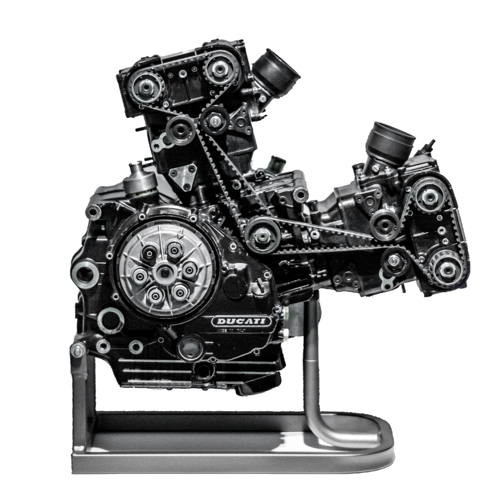 Black and white image of a ducati engine